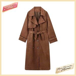 Faux Suede Trench Coat Double Breasted with Belt Ankle Length Pea Coat